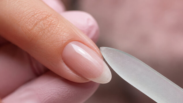 Manicurist filing fingernail of a woman with glass nail file. Professional beauty treatment of hand and cuticle in salon. Skincare routine and hygiene for healthy natural nail.