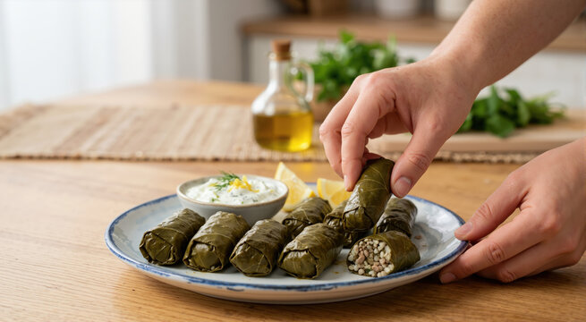 Hand picking a dolma from a plate. Stuffed grape leaves with rice and herbs. Mediterranean appetizer