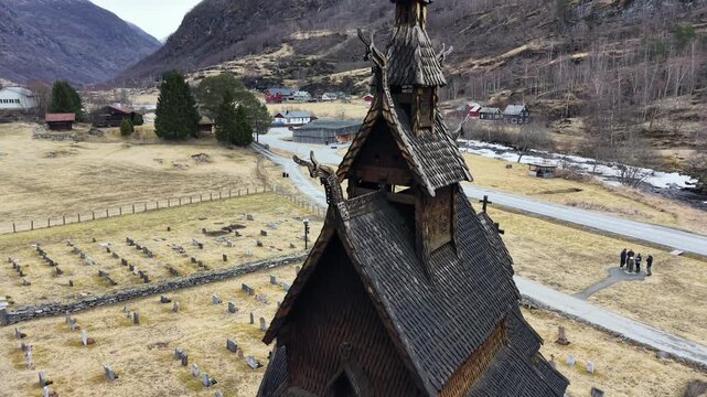 Moody aerial view of Borgund Stave Church on a cloudy spring day, Norway