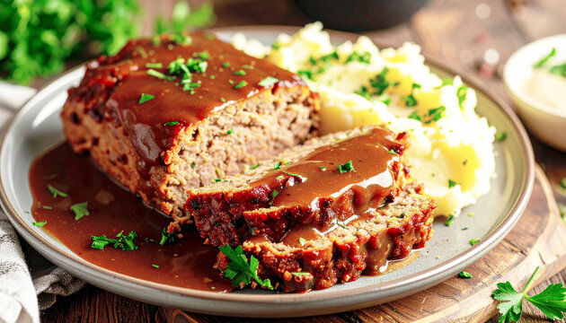 Homemade meatloaf topped with rich brown gravy and creamy mashed potatoes. AI