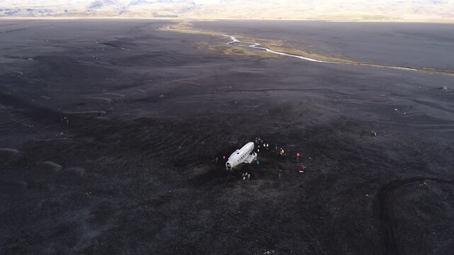 Wide aerial view of Solheimasandur plane wreck
