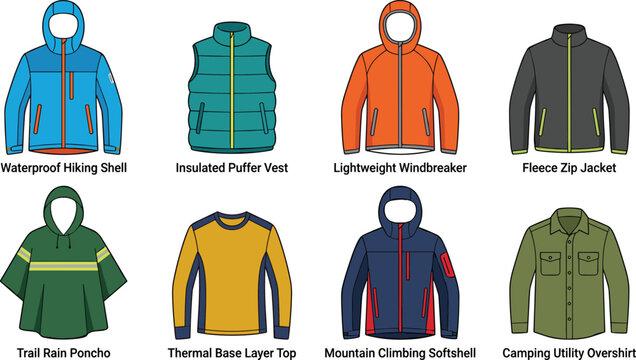 Outdoor Hiking and Camping Apparel Vector Set with Jackets Vests Poncho and Base Layer Clothing