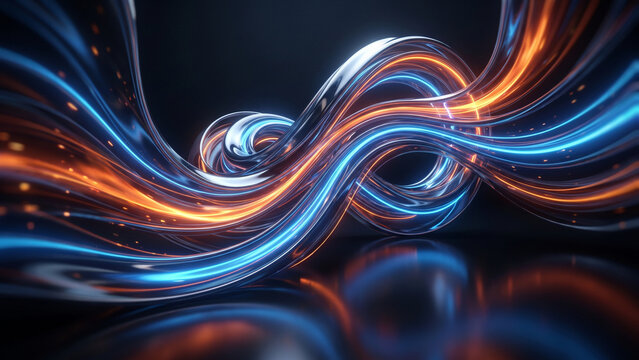 Neon Energy Waves
Dynamic abstract energy streams made of liquid chrome, orange and electric blue color palette, smooth organic curves, futuristic motion, luminous highlights, depth and dimension, sci