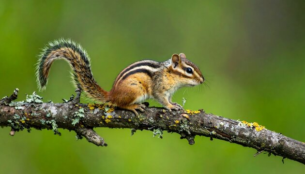 A small rodent with distinctive stripes perches on a mossy branch