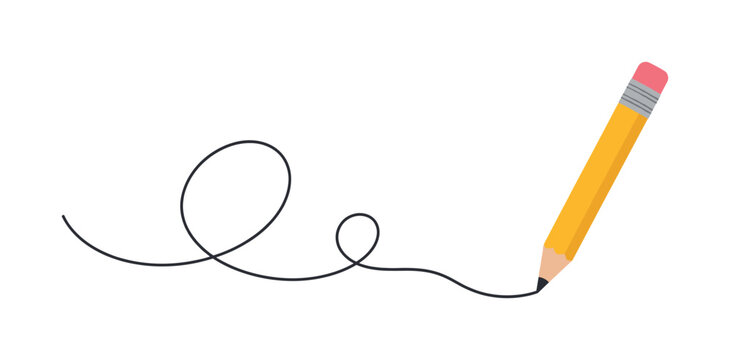 Clean flat ector icon graphic of a classic yellow graphite pencil sketch line creating an abstract continuous trail, icon, sign,