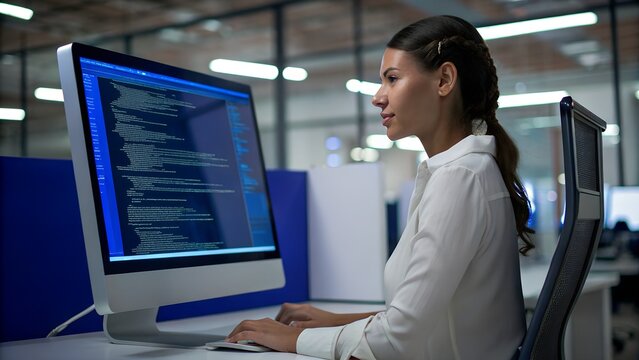 Female software engineer sitting at desk typing code on computer with programmer developer software computer technology engineer development business programming professional technical