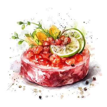 Steak Tartare watercolor painterly illustration, semi-realistic fantasy design, magical atmosphere, white background