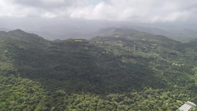 Aerial view shows hills and dense forest with patches of farmland. Colors change with sunlight in remote area. Clouds fill the sky above.