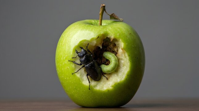 Close up hyperrealistic green apple with a beetle and a worm eating inside the fruit core on a plain gray background