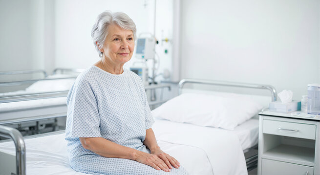Elderly woman sitting on the edge of a hospital bed. Senior female patient wearing a gown in a bright medical clinic ward