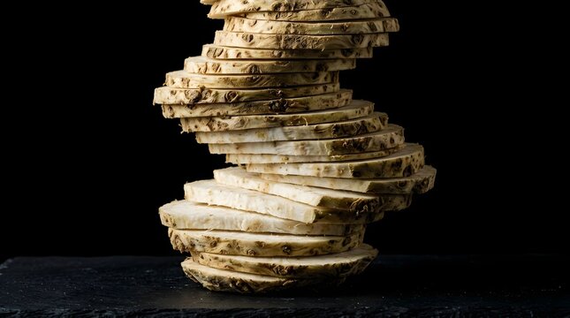 Hyperrealistic sliced celeriac spiral on dark slate background with dramatic studio lighting