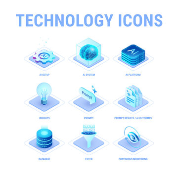 Technology icons set for AI system workflow diagram isolated on white - AI platform, setup, data, insights, prompt results, AI outcomes, filter, continuous monitoring - high quality isometric vector	