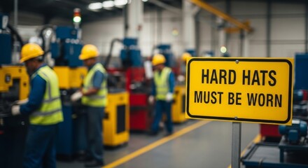 Fototapeta premium Cinematic safety warning sign 'Hard hats must be worn' in a vibrant manufacturing facility with employees in safety gear