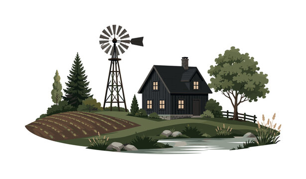 Charming flat vector landscape scene featuring a simple dark house cabin with a vintage windmill nearby, landscape, house, cabin,