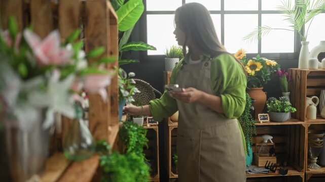 Woman florist in green apron pointing finger at potted plant and scrolling smartphone with other hand in studio; care calm.