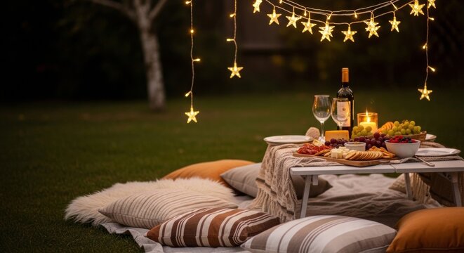 Cozy backyard picnic at dusk with star-shaped string lights, wine, cheese, and fruit for a romantic evening ambiance