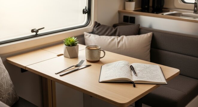 Cozy camper van interior with folding table, coffee, and journal, embodying compact living and adventurous travel.