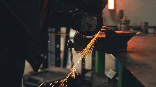 worker in uniform with protective glasses gloves cuts metal with angle grinder flex, sparks fly slow motion video. safety techniques at work using dangerous devices. close-up view of sparks flying out