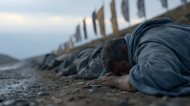 Tibetan pilgrims crawling in full prostration along a rain-soaked mountain road toward a distant monastery, prayer flags snapping in the wind above them, their worn clothing muddy