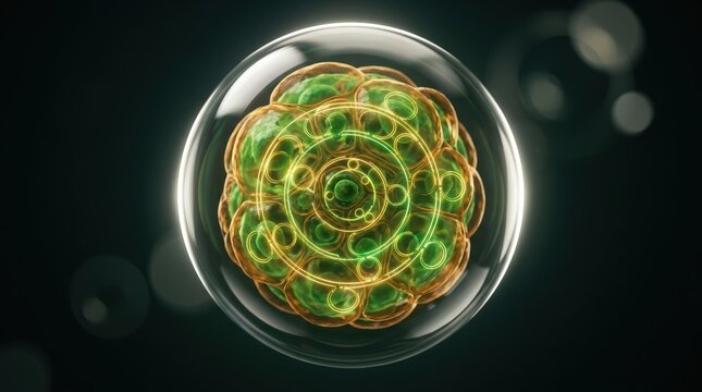Macro view of a cell colony inside a transparent sphere, recursive reflections, nested circles, and metabolic pathways folding back on themselves, with green cytoplasm, amber membranes, and luminous