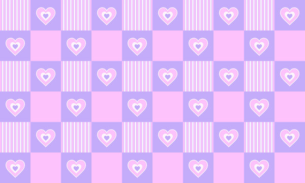 Whimsical coquette style gingham check pattern, seamless cute lavender and baby pink hearts background