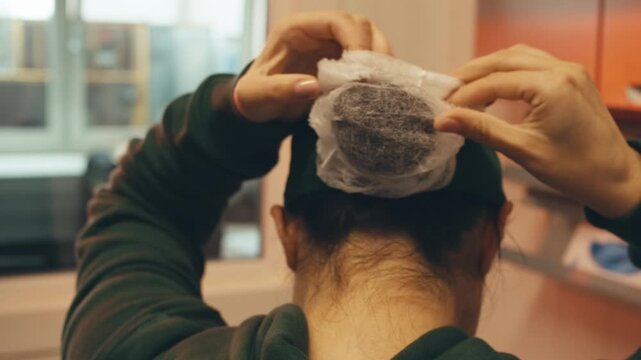 woman puts on protective hair cap for safety reasons. rules of hygiene. industrial disposable clothing. rules of safety at work. stages of working day preparation at factory. production manufacturing