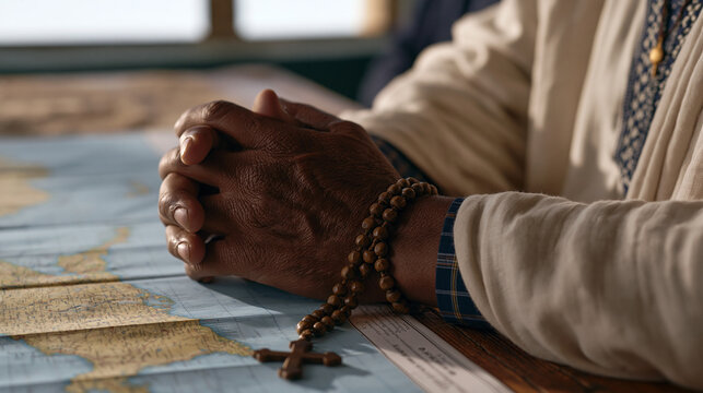 Weathered hands of an Ethiopian Orthodox deacon trembling while clutching old prayer beads during therapy, seated across from a counselor in a quiet clinic room, maps of trauma