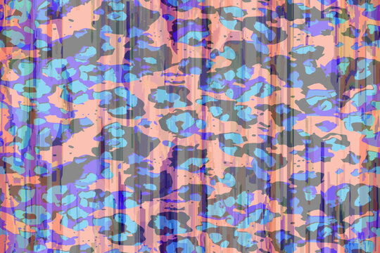 Full Seamless vivid blue pink leopard background. Saturated animal spots and vertical brush lines create a bold print for sportswear and fashion.
