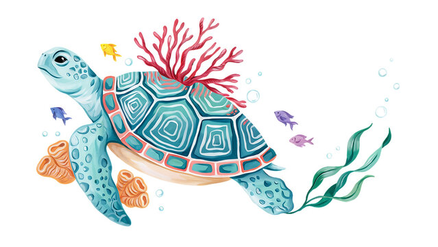 Whimsical sea turtle swimming with red coral and small fish isolated on a transparent background