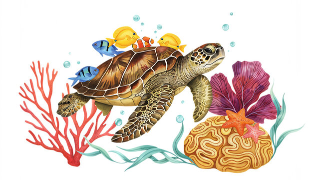 Hand painted sea turtle swimming with tropical fish and coral isolated on a transparent background