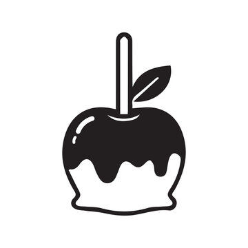 Black and white candy apple icon with wooden stick and leaf illustration confectionery minimalist
