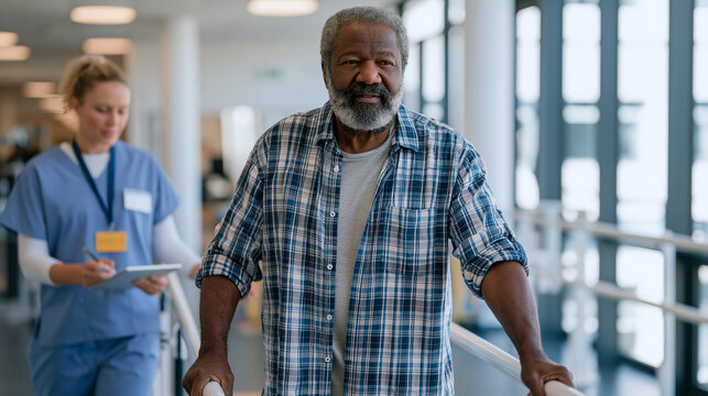 Rehabilitation specialist guides middle-aged stroke survivor through motor-skill retraining exercises in sunlit neurological recovery ward, patient gripping parallel bars with