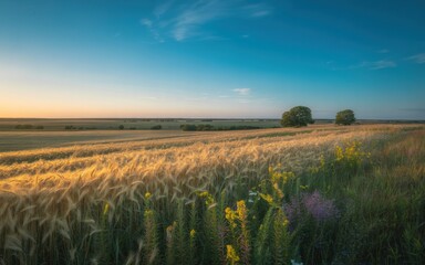 Fototapeta premium Cinematic wide angle landscape photograph of a golden wheat field at sunset