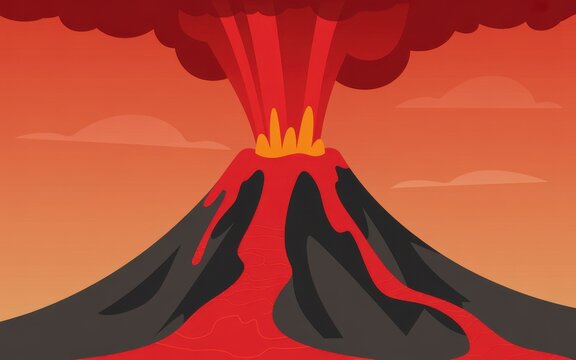 Cinematic flat illustration of an erupting volcano with flowing hot lava