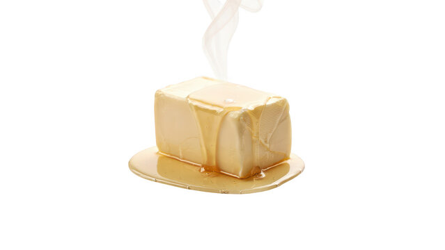 A rectangular stick of yellow butter with melted butter dripping down the sides and pooling on the surface against a solid black background