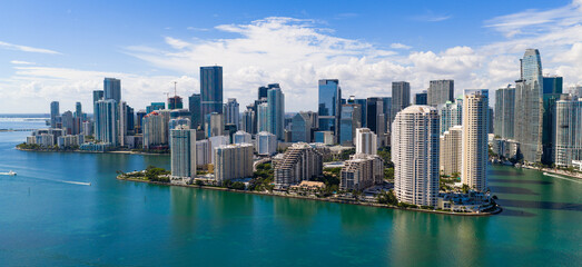 Miami skyline with skyscrapers along Biscayne Bay. Miami cityscape with residential towers. Aerial Miami Brickell downtown financial district. Miami waterfront panorama. © be free