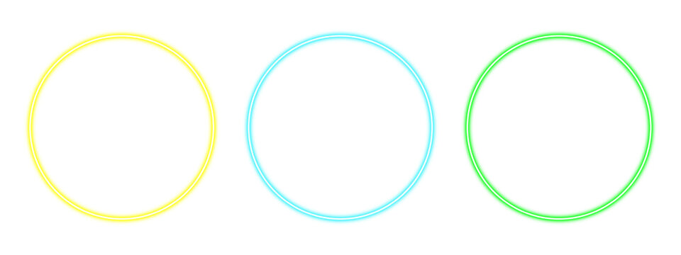 Three colorful glowing neon circle frames in yellow blue and green