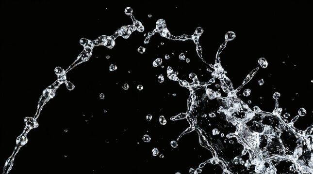 Dynamic water splash overlay with clear liquid droplets exploding outward on a black background