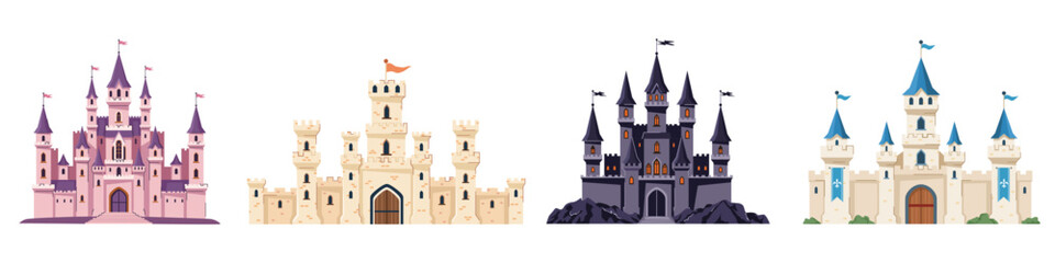 Fototapeta premium Multiple fantasy castle set in flat style on white background symbolizing fairy world concept. Vector illustration