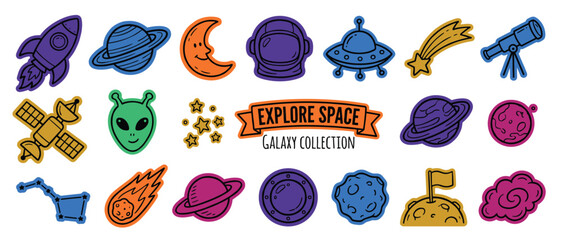 Explore space sticker set vector illustration with rocket planets astronaut alien and galaxy icons  © Salam Studio