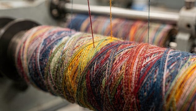 Closeup on yarn cones as fibers are carefully tensioned and rewound ensuring even feed for knitting machines with vibrant multiply blend threads in solid hues.