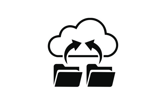 Cloud backup and folder data sync icon with transfer arrows and storage files vector graphic isolated on white background