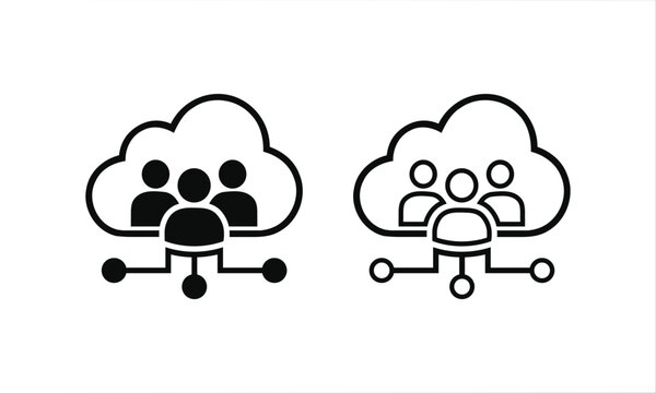 Cloud computing team network icon set with user group and server node connectivity line and glyph vector graphic isolated on white background