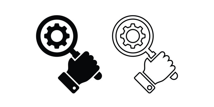 Magnifying glass with gear icon set held by a hand solid silhouette and outline vector graphic isolated on white background