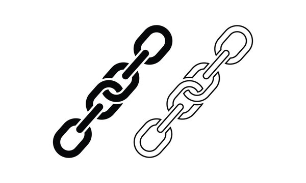 Metal chain link icon set with solid silhouette and outline graphic elements isolated on a white background