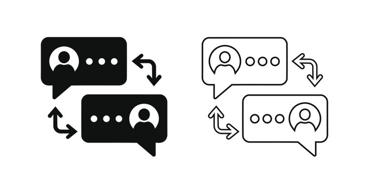 Chat communication icon set with speech bubbles and user profile solid silhouette and outline vector isolated on white background