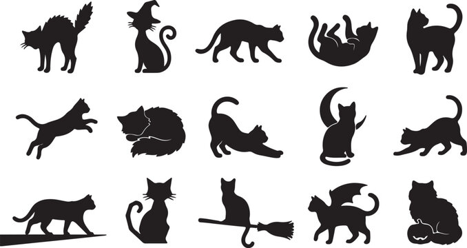 Collection of black cat silhouettes, set of various cats for halloween design.