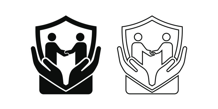 Insurance shield with handshake and hands icon set solid silhouette and outline vector graphic isolated on a white background