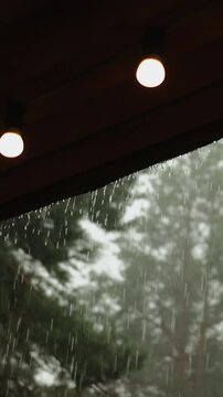 Vertical video. Warm porch bulbs glow as heavy rain falls beyond a wooden roof and pine trees.