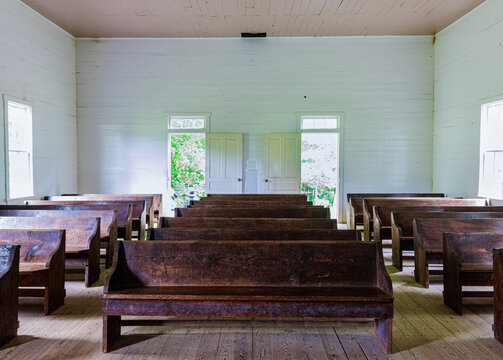 Empty Pews and The Interior of Historic Cades Cove Methodist Church, Cades Cove, Great Smoky Mountains National Park, Tennessee, USA